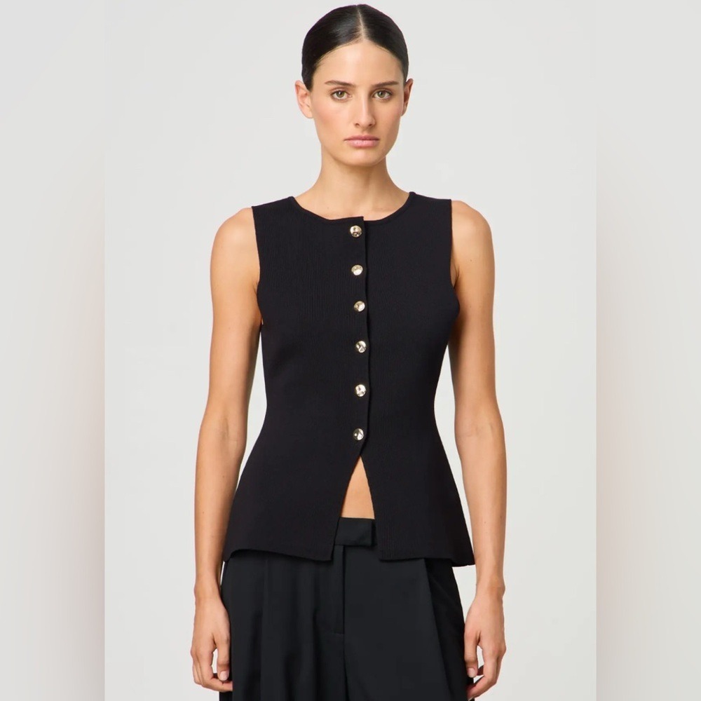 Lalavon NWT Black Knit Vest Gold Buttons Old Money Preppy Sleeveless Cardigan M